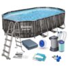 בריכה אובלית BESTWAY 5611R דמוי עץ 610×366×122 ס״מ עם משאבת 1500 גלון, סולם וכיסוי – BCOOL