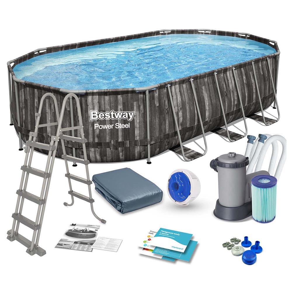 בריכה אובלית BESTWAY 5611R דמוי עץ 610×366×122 ס״מ עם משאבת 1500 גלון, סולם וכיסוי – BCOOL
