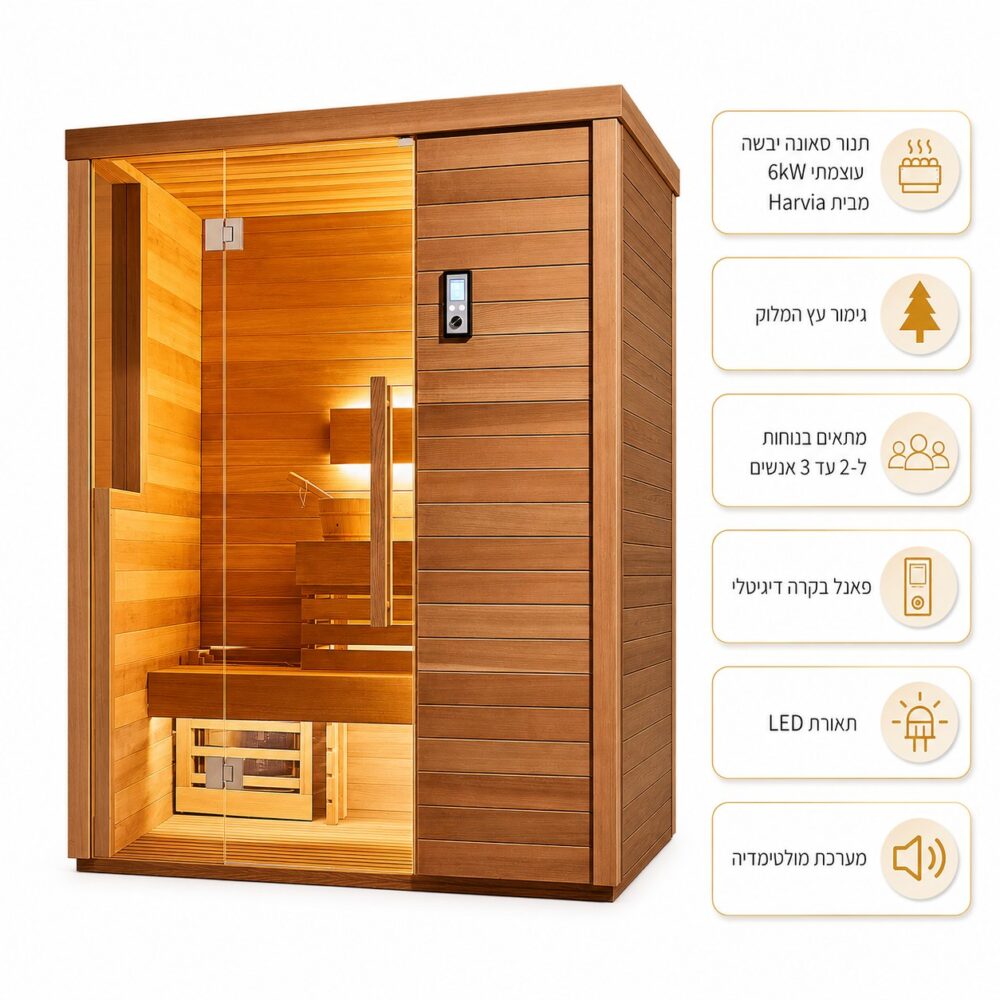 סאונה יבשה מלבנית Onyx-1709 עם חיפוי עץ אופקי ופאנל אבן דקורטיבי