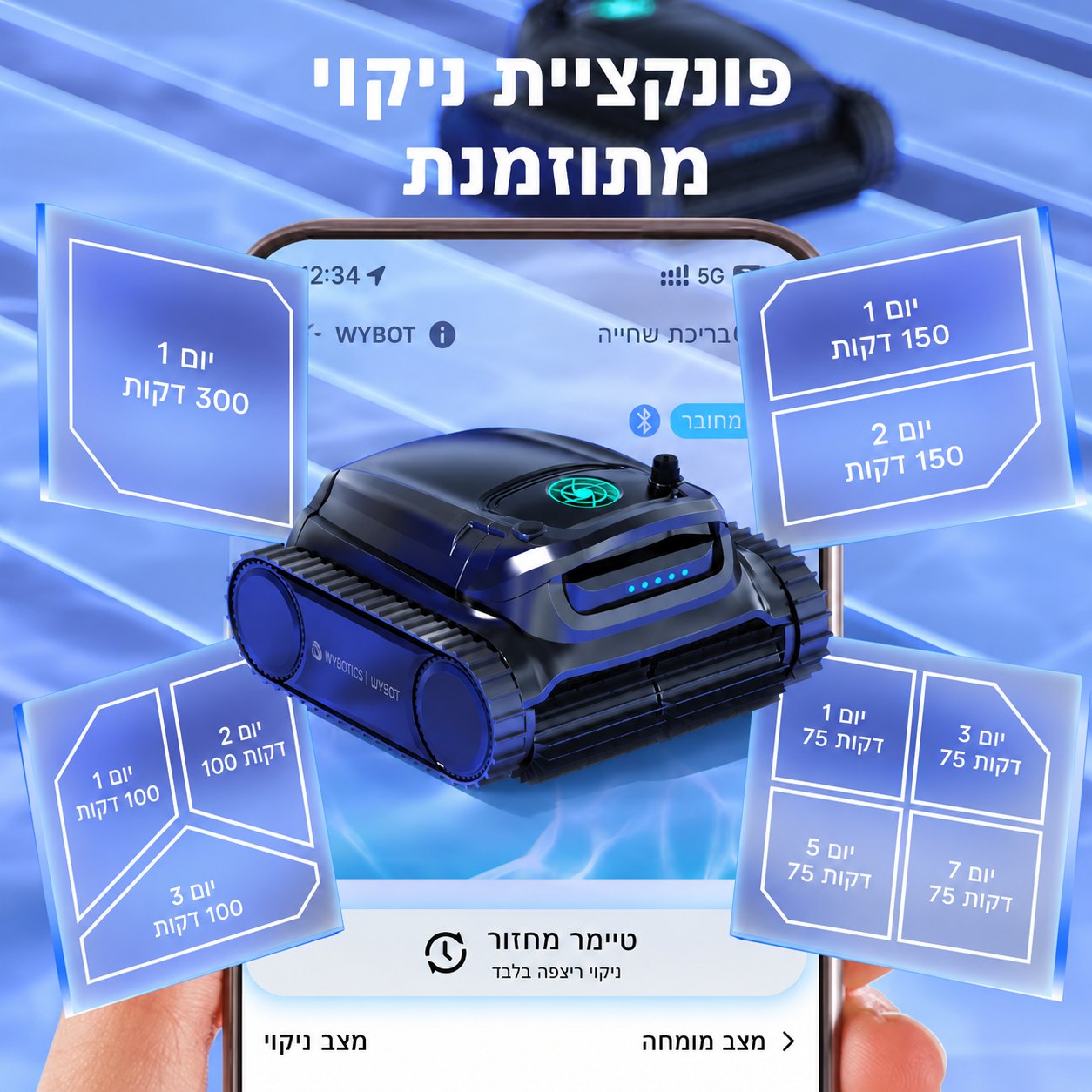 WYBOT M1 – רובוט אלחוטי לניקוי בריכות, עד 300 דקות במצב Eco לרצפה – BCOOL – תמונה 5
